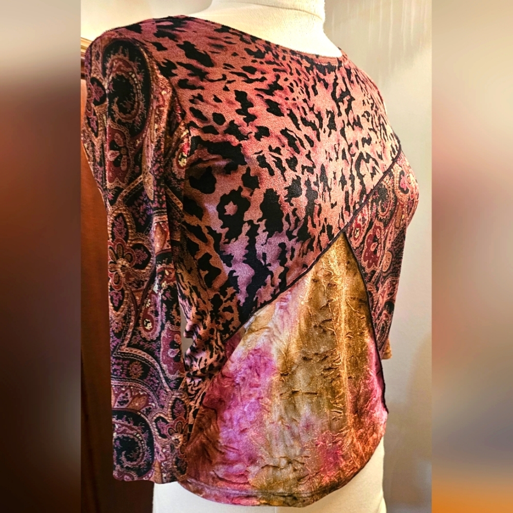 Vintage 90s y2k patchwork 3/4 sleeve crushed velvet top